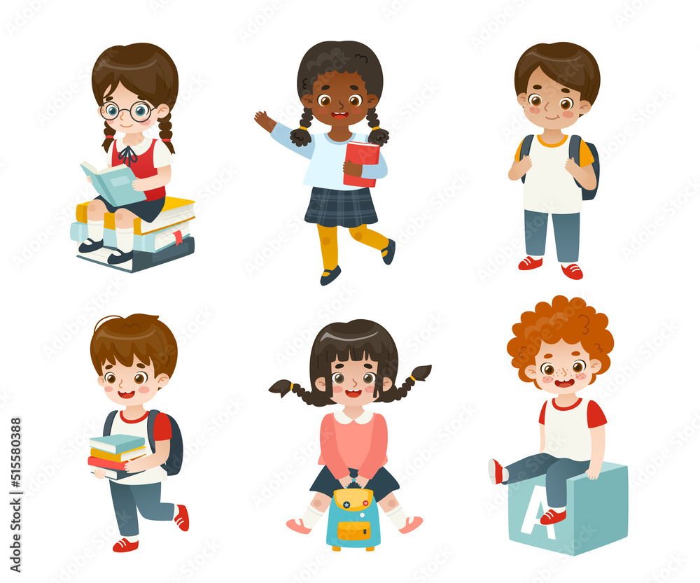 Set of cartoon school children. Bundle of happy diverse kids in school. Cute pupils collection. Set of cartoon school children. Bundle of happy diverse kids in school. Cute pupils collection.