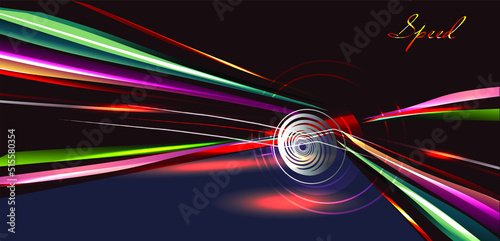 Night Road . Dynamic abstract background with a car wheel and streaks of light. 