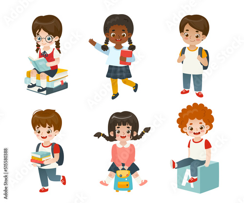 Set of cartoon school children. Bundle of happy diverse kids in school. Cute pupils collection.