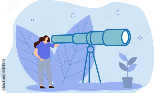 Long term plan or business strategy for far future, looking for opportunity, forecast and visionary, discover long term goal concept, businessman looking through oversized long telescope to see future