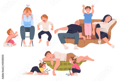 Tired Parents Exhausted with Noisy and Energetic Kids Playing Around Vector Set