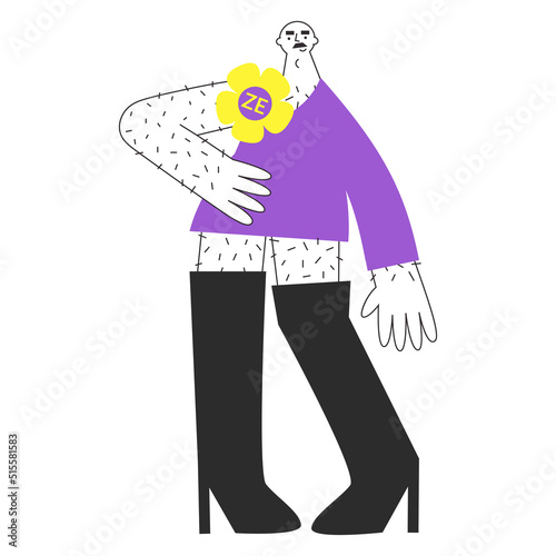 Non binary androgynous genderfluid person with pride symbols and flag. Queer male or female against lgbtq+ discrimination vector flat isolated illustration.
