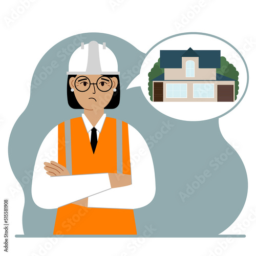 The constructor is thinking about building a house. A sad woman in a hardhat and a vest is planning a work process. Engineer, house construction concept.