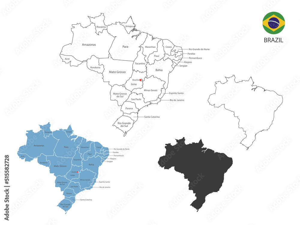 4 style of Brazil map vector illustration have all province and mark the capital city of Brazil. By thin black outline simplicity style and dark shadow style. Isolated on white background.