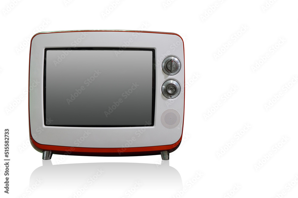 front view white and red television, legs steel, on white background, technology, object, fashion, home, copy space