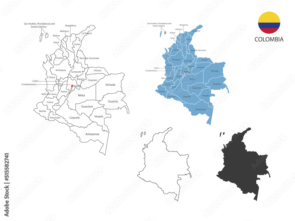 Obraz premium 4 style of Colombia map vector illustration have all province and mark the capital city of Colombia. By thin black outline simplicity style and dark shadow style. Isolated on white background.