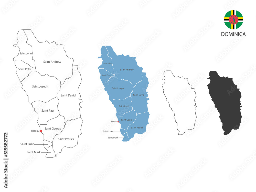 Fototapeta premium 4 style of Dominica map vector illustration have all province and mark the capital city of Dominica. By thin black outline simplicity style and dark shadow style. Isolated on white background.