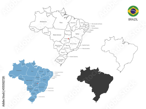 4 style of Brazil map vector illustration have all province and mark the capital city of Brazil. By thin black outline simplicity style and dark shadow style. Isolated on white background.