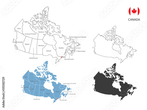 4 style of Canada map vector illustration have all province and mark the capital city of Canada. By thin black outline simplicity style and dark shadow style. Isolated on white background.