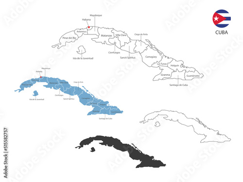 4 style of Cuba map vector illustration have all province and mark the capital city of Cuba. By thin black outline simplicity style and dark shadow style. Isolated on white background.