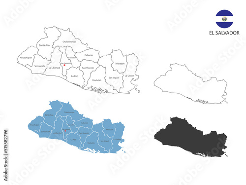4 style of El salvador map vector illustration have all province and mark the capital city of El salvador. By thin black outline simplicity style and dark shadow style. Isolated on white background.