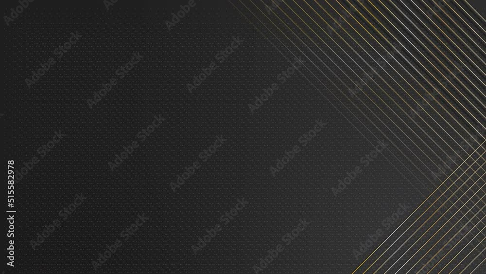 4k Abstract luxury black grey gradient backgrounds with animated golden metallic stripes. Elegant horizontal banner. Copy space. Dark backdrop 3D
