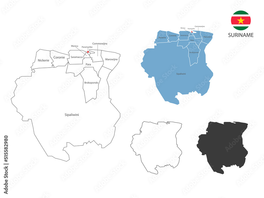 4 style of Suriname map vector illustration have all province and mark the capital city of Suriname. By thin black outline simplicity style and dark shadow style. Isolated on white background.