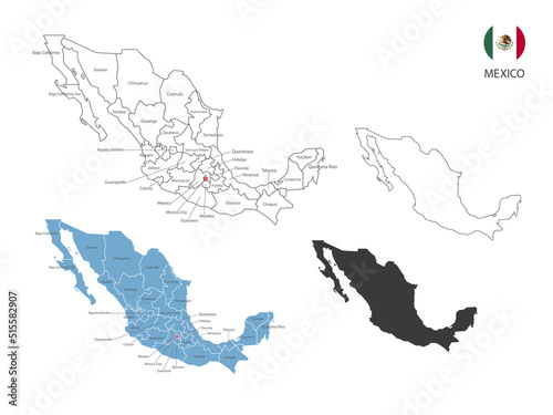 4 style of Mexico map vector illustration have all province and mark the capital city of Mexico. By thin black outline simplicity style and dark shadow style. Isolated on white background.