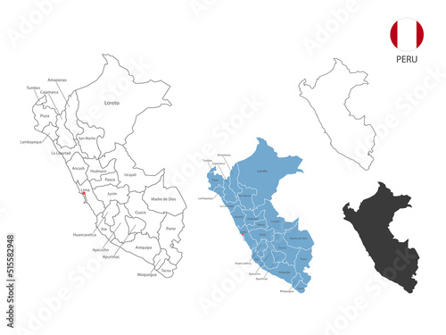 4 style of Peru map vector illustration have all province and mark the capital city of Peru. By thin black outline simplicity style and dark shadow style. Isolated on white background.