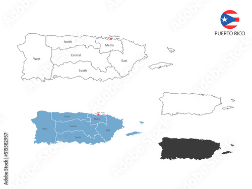 4 style of Puerto Rico map vector illustration have all province and mark the capital city of Puerto Rico . By thin black outline simplicity style and dark shadow style. Isolated on white background.