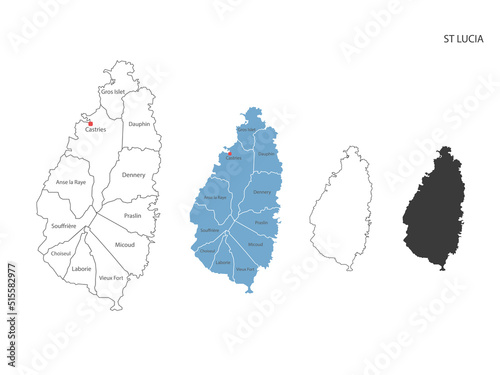 4 style of St Lucia map vector illustration have all province and mark the capital city of St Lucia. By thin black outline simplicity style and dark shadow style. Isolated on white background.