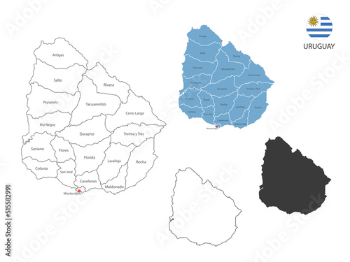4 style of Uruguay map vector illustration have all province and mark the capital city of Uruguay. By thin black outline simplicity style and dark shadow style. Isolated on white background.