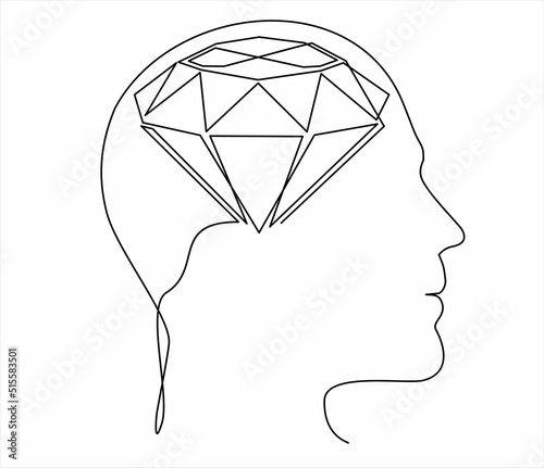 Head of a man with brilliant, diamond inside, drawn in one line on a white background. Wealth thoughts concept, million dollar thought. One-line drawing. Continuous line. 