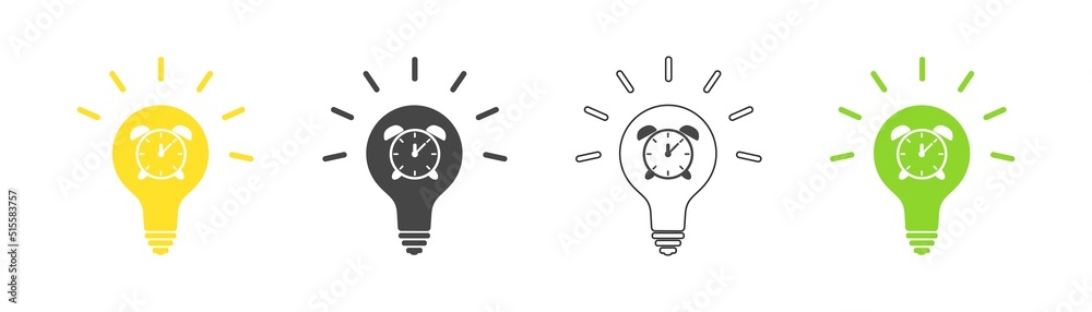 Alarm clock icon in light bulb set. Vector. Alarm clock icon in light bulb set. Vector.