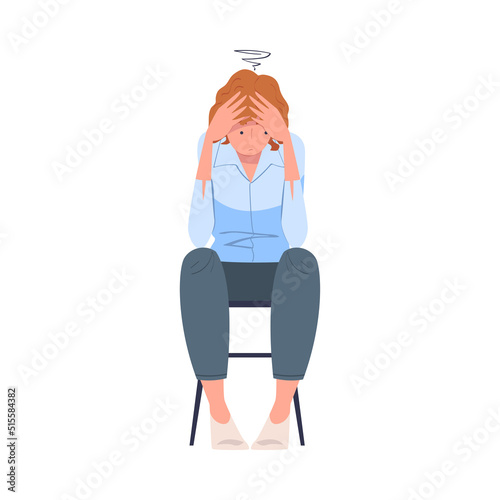 Tired Mother Sitting on the Chair Holding Head with Hands Feeling Exhaustion Vector Illustration
