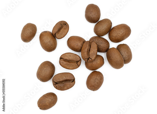 set top view pile of coffee beans. on white background	
