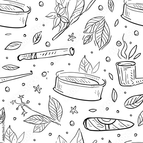Tobacco with Sketchy Drawn Leaf, Cigar and Smoking Pipe Vector Seamless Pattern Template