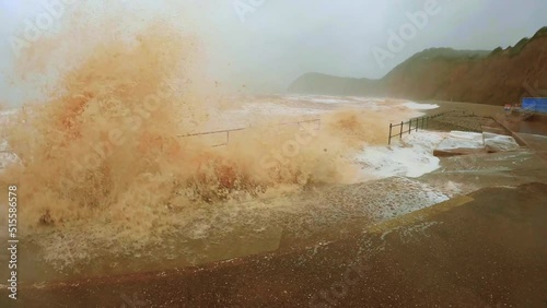Sidmouth, Devon, United Kingdom - Dec 7, 2021: Coastal storm surge Storm Barra