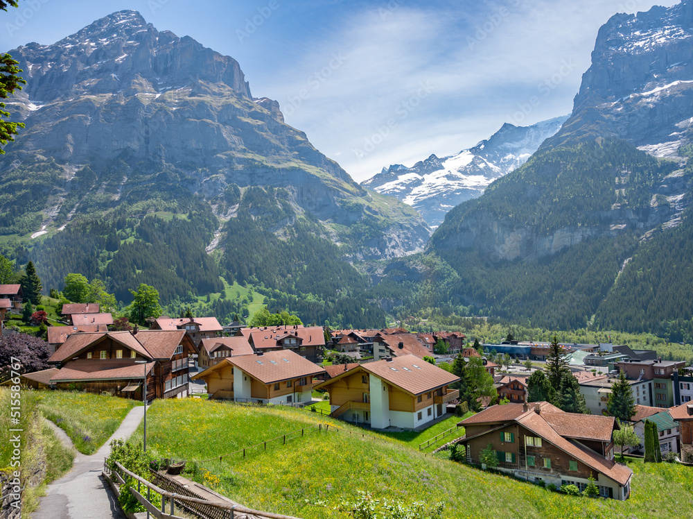 View of Grindelwald village over  surrounded mountains, Switzerland.