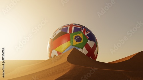 Fußball mit Länderflaggen in Wüste von Katar zur WM