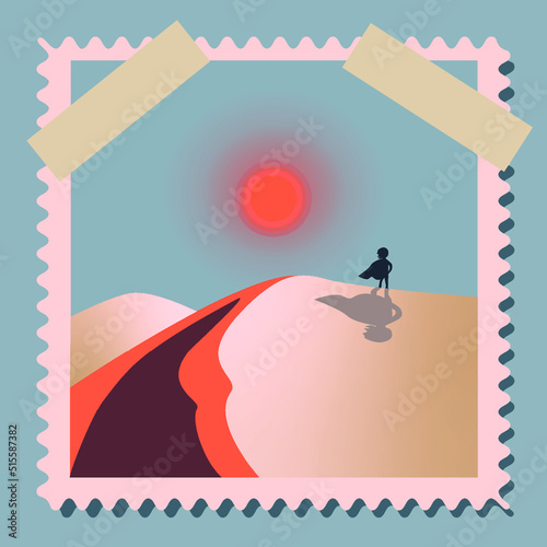 Vintage illustration in the form of a photo card attached to "Dune" by Frank Herbert. Silhouette of a man against the background of the desert and the red sun on a light blue sky.