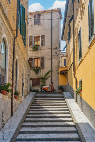 View of Carrara  Tuscany   glimpse of a typical italian alley with a marble staircase and flowers hanging from the balconies