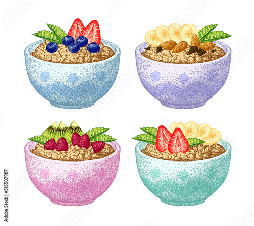 Granola in bowl set. Fruits, berry and nuts, mint. Oatmeal breakfast, oat grain porridge. Muesli flakes. Vector sketch. Realistic illustrations.