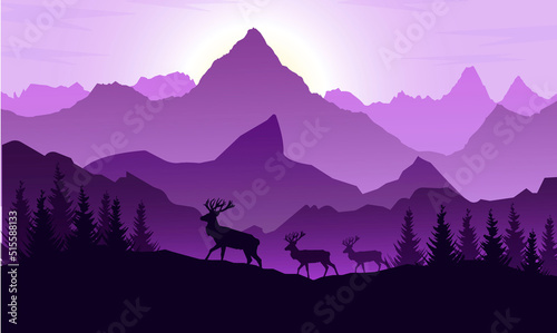 mountains silhouette with trees and deer © Svetlana kuznetcova