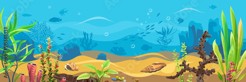 Vector ocean world. Exotic seascape with seaweeds, fish and corals. Aquatic ecosystem. Illustration of undersea water.