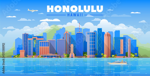 Honolulu Hawaii (United States) city skyline vector background. Flat vector illustration. Business travel and tourism concept with modern buildings. Image for banner or web site.