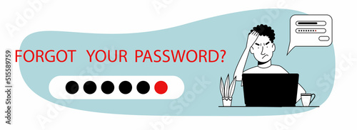 The man forgot her personal details. web splash concept with forgotten password, account protection, danger warning, wrong password. Vector illustration in black and white in doodle style.