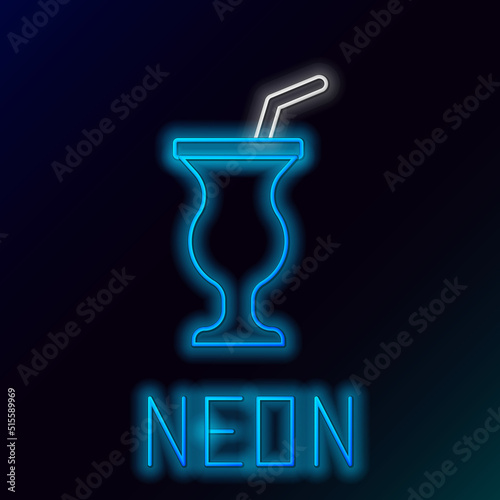 Glowing neon line Milkshake icon isolated on black background. Plastic cup with lid and straw. Colorful outline concept. Vector
