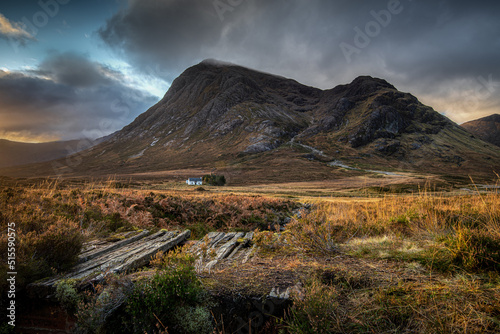 Looking towards the Lagangarbh mountain hut in Glen Coe with the peaks of Buachaille Etive Mor in the background. Scottish Highlands