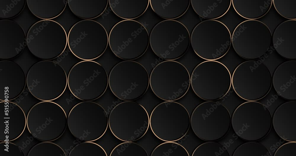 Deluxe abstract circles on dark grey background. Beautiful collection of luxury backdrops. Gold grid border animated. Black metal background with golden light lines. 3d geometric texture illustration 
