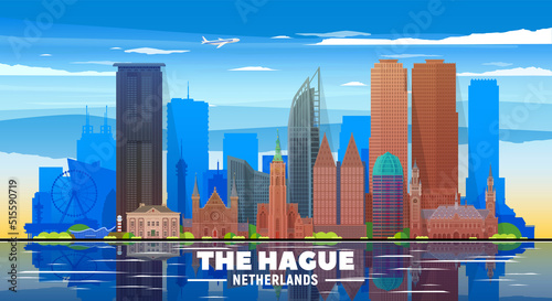 The Hague (The Netherlands) skyline with panorama at sky background. Vector Illustration. Business travel and tourism concept with modern buildings. Image for banner or web site 