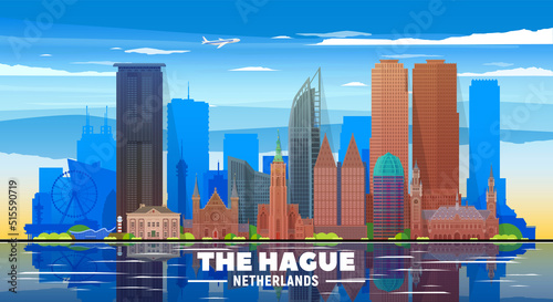 The Hague (The Netherlands) skyline with panorama at sky background. Vector Illustration. Business travel and tourism concept with modern buildings. Image for banner or web site 
