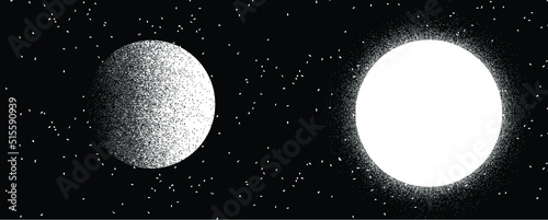 Star and planet in space. Futuristic landscape, with noise texture . Night landscape with starry sky .Vector illustration