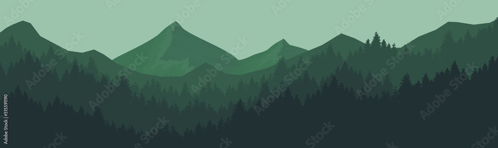 Mountain forest landscape at dawn, pine forest and beautiful mountain scenery.