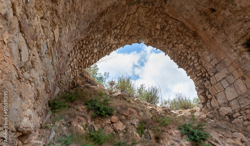 The ruins of the Monfort fortress are located on a high hill overgrown with forest, not far from Shlomi city, in the Galilee, in northern Israel