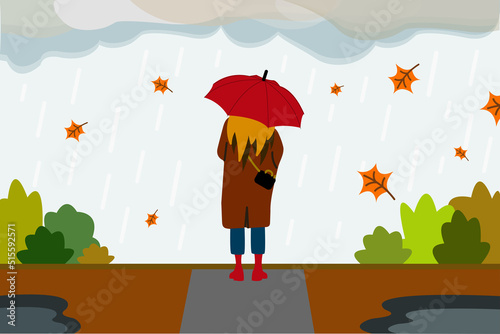 The girl stands on the street with an umbrella in autumn in the rain. Flying leaves. Vector illustration