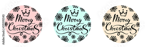 Merry Christmas round stickers set with hand drawn calligraphic lettering surrounded with snow and snowflakes in a circle shape and pastel beige, pink and green backgrounds