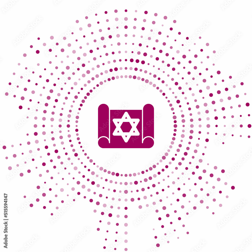 Purple Torah scroll icon isolated on white background. Jewish Torah in expanded form. Star of David symbol. Old parchment scroll. Abstract circle random dots. Vector Purple Torah scroll icon isolated on white background. Jewish Torah in expanded form. Star of David symbol. Old parchment scroll. Abstract circle random dots. Vector