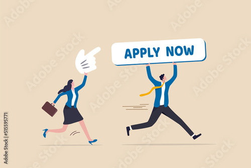 Apply new job online, career opportunity or employment vacancy, job application or opening position concept, businessman holding apply now button and businesswoman with mouse pointer to click.