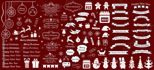 Merry Christmas. Happy New Year. Calligraphy design elements . Decorative swirls or scrolls, icons, vintage frames , flourishes, labels and dividers. Retro vector illustration